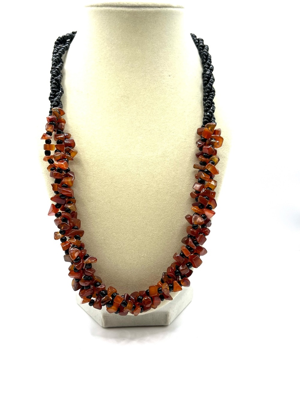 Brown Red Stone Carnelian Chip Necklace with Black Beads Torsade Necklace
